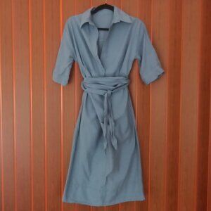 100% Cotton Blue Midi Shirtdress with Adjustable Wrap Waist ⛅️ Size S